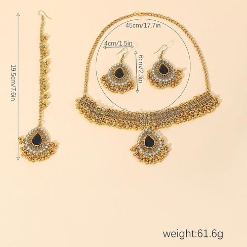 Ethnic Indian Jhumka Tassel Rhinestone Choker Necklace Earrings Maang Tikka 3 Pcs Set Oxidized Ancient Goldtone Bohemian Traditional Jhumki Pendant Crystal Retro Bollywood Statement Gypsy Wedding Bridal Jewelry for Women in Kuwait