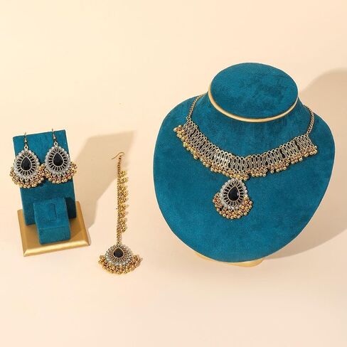 Ethnic Indian Jhumka Tassel Rhinestone Choker Necklace Earrings Maang Tikka 3 Pcs Set Oxidized Ancient Goldtone Bohemian Traditional Jhumki Pendant Crystal Retro Bollywood Statement Gypsy Wedding Bridal Jewelry for Women in Kuwait
