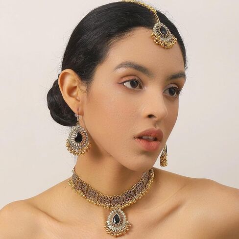 Ethnic Indian Jhumka Tassel Rhinestone Choker Necklace Earrings Maang Tikka 3 Pcs Set Oxidized Ancient Goldtone Bohemian Traditional Jhumki Pendant Crystal Retro Bollywood Statement Gypsy Wedding Bridal Jewelry for Women in Kuwait