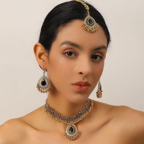 Ethnic Indian Jhumka Tassel Rhinestone Choker Necklace Earrings Maang Tikka 3 Pcs Set Oxidized Ancient Goldtone Bohemian Traditional Jhumki Pendant Crystal Retro Bollywood Statement Gypsy Wedding Bridal Jewelry for Women in Kuwait
