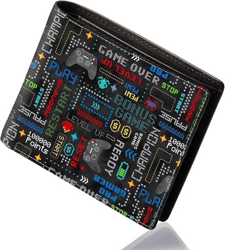 Cool Teen Boys Wallet - Wallet for Boys Video Game Design Slim Leather Bi-Fold Wallets with Coin Pocket Credit ID Card Cash Holder ID Window Black Purse Wallets for Boy Teens Youth Men Teenager in Saudi Arabia