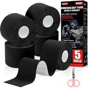 5 Rolls Waterproof Kinesiology Tape, 2 inch x 16.4 Feet Black Cotton Athletic Tape, Uncut Kinetic Tape, Elastic Muscle Tape, Sports Tape, Knee Tape for Exercise and Daily Use