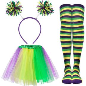 BAOPLAYKIDS 3 Piece Tulle Tutu Costume Set for Women Include Striped Knee Socks, 3 Layered Tulle Tutu Skirt, Pom Pom Headband
