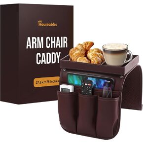 Houseables Armchair Caddy, Sofa Organizer Tray, Couch Organizer, 27.5"x9", Brown, PU Leather, Recliner Remote Control Holder, Storage Caddies for Arm Rest Chair, Armrest Table with Pockets, Non Slip