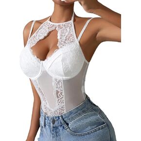 Women Teddy Lingerie Sexy Snap Crotch Lace Bodysuit Halter One Piece Tummy Control Shapewear Lingerie Top with Underwire Push Up Bra(Black,S)