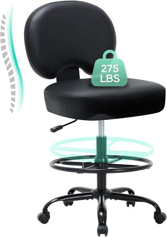 كرسي مكتب طويل من الجلد من COLAMY بوزن 275 رطل، كرسي مكتب واقف مع حلقة مسند للقدمين قابلة للتعديل، كرسي مكتب عالي الارتفاع باللون الأسود in Kuwait