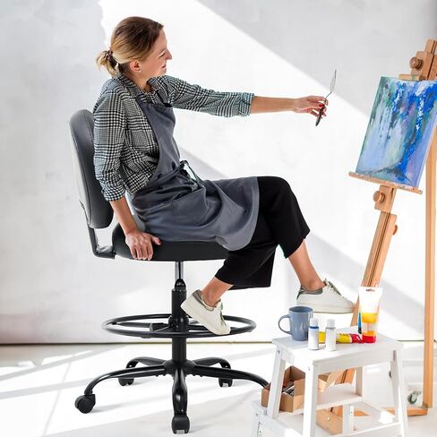 كرسي مكتب طويل من الجلد من COLAMY بوزن 275 رطل، كرسي مكتب واقف مع حلقة مسند للقدمين قابلة للتعديل، كرسي مكتب عالي الارتفاع باللون الأسود in Kuwait