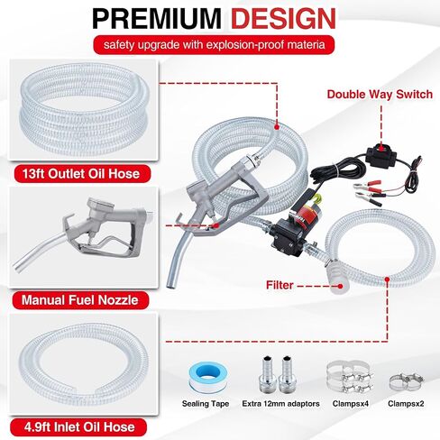 TOPWAY 12V DC Gasoline Fuel Pump, 10GPM Self-priming Oil Transfer Pump Kit With Particulate Filter, Fuel Nozzle, Discharge Hose & Suction Pipe for Gasoline Diesel Biodiesel Kerosene & More in Kuwait