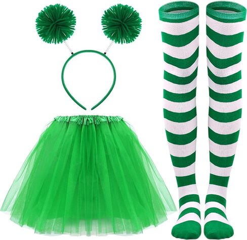 BAOPLAYKIDS 3 Piece Tulle Tutu Costume Set for Women Include Striped Knee Socks, 3 Layered Tulle Tutu Skirt, Pom Pom Headband in Kuwait