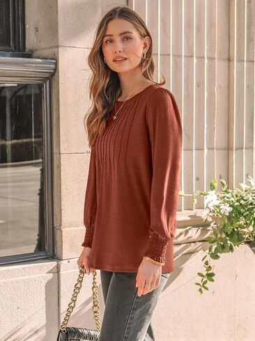 AUTOMET Long Sleeve Shirts Womens Pleated Business Casual Blouses with Smocked Cuffs in Kuwait