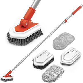 JEHONN Tub Tile Shower Scrubber Brush with Telescopic 51 inches Long Handle, 4 Different Cleaning Heads for Bathroom Bathtub Sink Floor Wall Baseboard (Blue)