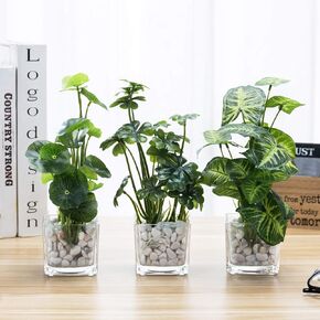 MyGift Modern Trio of Artificial Assorted Green Leaf Plants Potted in Black Ceramic 3-Inch Square Pots, Small Faux Foliage Indoor Tabletop Houseplants, 3 Piece Set