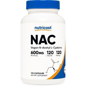 Nutricost N-Acetyl L-Cysteine ​​(NAC) 600 مجم، 120 كبسولة نباتية - غير معدلة وراثيًا، خالية من الغلوتين، كبسولات نباتية