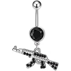 Fashion Rifle Gun Navel Ring Assault Rifle Belly Button Ring Body Piercing Jewelry for Women Men-Pink, Stainless Steel