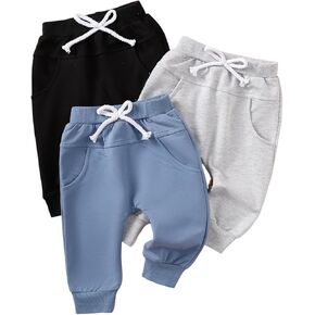 Yvowming Baby and Toddler Boys Cotton Jogger Sweatpants Pants Pull on Cotton Pants with Pockets Multipacks Long Pants