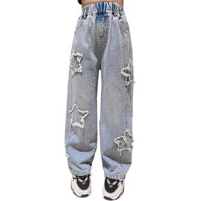 SANGTREE Girls Denim Elastic Waist Wide Leg Pants Baggy Jeans for Girls,2# Black,11-12Y = Tag 160