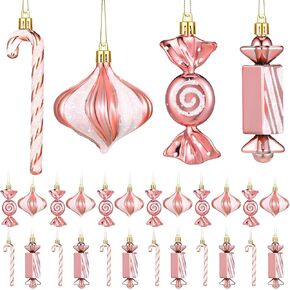 24 Pcs Christmas Candy Cane Ornament Plastic Peppermint Candy Cane Christmas Decorations Xmas Hanging Lollipop Pattern Decorations with Rope for Xmas Holiday Festival Decor Photo Booth Prop