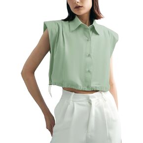 Tankaneo Womens Sleeveless Button Down Shirts Casual Loose V Neck Pad Shoulder Crop Tank Top