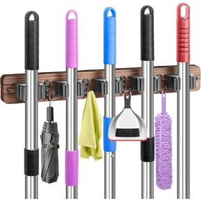 IMILLET Broom Holder Wall Mount, Wood Broom Holder with 5 Racks and 4 Hooks Broom Organizer, Laundry Room Organization and Storage, Mop Holder for Home Organization, Garden, Garage, Kitchen, Closet
