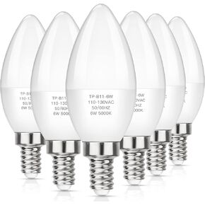MAXvolador E12 LED Candelabra Light Bulbs 60W Equivalent, Daylight White 5000K 600 Lumen Chandelier Bulb, 6W B11 Candle Base, Non-Dimmable, Pack of 6