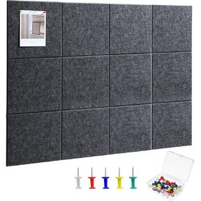 Large Cork Board 48" x 36", 12 Pack Felt Wall Tiles with Colored Pushpins, Bulletin Board with Removable Self-Adhesive Strips, Pin Board Cork Boards for Walls Office Home-Dark Gray