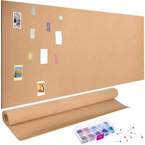 Seajan 3 mm Cork Board Roll 4 x 8 ft Cork Roll for Walls Thick Cork Sheet Brown Cork Roll with 500 Multicolor Push Pins for Bulletin Board Cork Board Photo Board Office Supplies