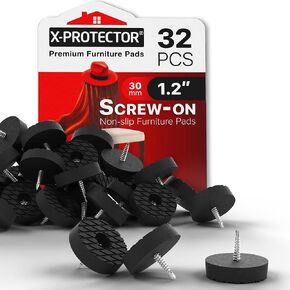X-Protector Screw On Rubber Feet - 32 PCS 1.2" - Premium Non Slip Furniture Pads - Anti Skid Pads for Furniture Feet - Chair Leg Protectors - Furniture Grippers for All Surfaces - Protect Any Floors!