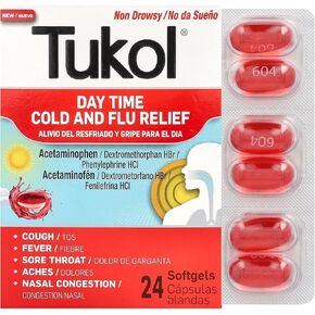 TUKOL Day Time Cold and Flu Relief Soft Gels, Dextromethorphan, Sinus & Mucus Relief, Cough Suppressant for Adults, Bronchitis, Fever, Pain, Cough, Cold, and Nasal Congestion Relief, 24 Count