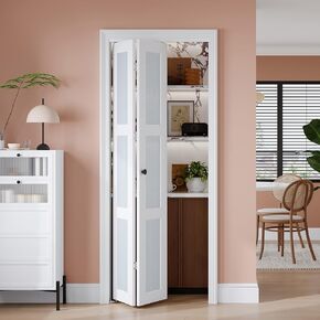 EaseLife Preassembled Bi-Fold Doors, for 24"x 80" Opening,Tempered Frosted Glass Closet Folding Barn Door with Concealed Hardware Kit,MDF Wood Panel,Water-Proof PVC Surface,Easy Installation