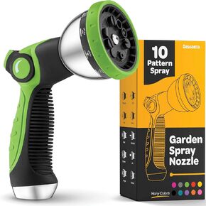 Hose Nozzle [Green] Heavy Duty Hose Sprayer With 10 Adjustable Watering Patterns. Thumb Control Design, Comfortable Ergonomic Grip, Garden Hose Nozzle for Watering Plants & Lawns/Fun showers/Cleaning