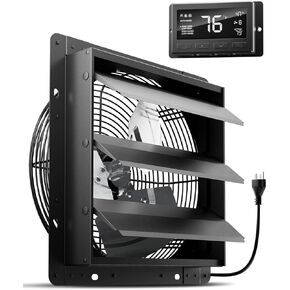 HG Power 12" Attic Fan with Thermostat, 971 CFM Shutter Exhaust Fan with Smart Temperature Humidity Controller, Wall Mounted Greenhouse Fan with EC Motor for Garage, Shed Ventilation, Black