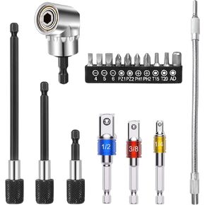 Flexible Drill Bit Extension Set - Right Angle Drill Attachment, Flexible Screwdriver Extension, Universal Socket Adapters, 1/4 3/8 1/2" Adapters, 360° Rotatable Tools, Magnetic Screwdriver Bits