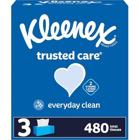 Kleenex Trusted Care Facial Tissues, 3 Flat Boxes, 160 Tissues per Box, 2-Ply (480 Total Tissues), Packaging May Vary