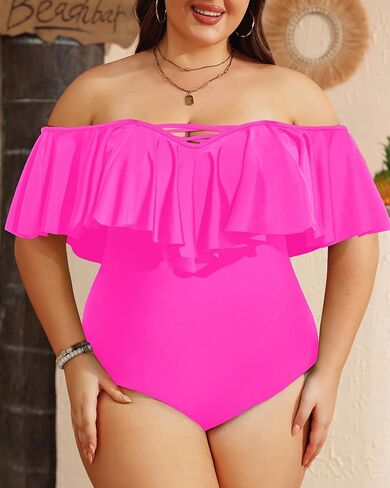 Daci Plus Size One Piece Swimsuits for Women Off Shoulder Ruffle Bathing Suits Flounce Tummy Control Swimwear in Saudi Arabia