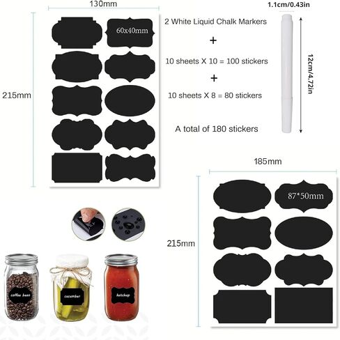 Chalkboard Labels 180pcs Waterproof Reusable Label Stickers with 2 White Liquid Chalk Markers for Storage Bin, Food Container, Mason Jars 5X7.5cm Black in Kuwait
