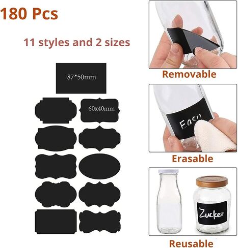 Chalkboard Labels 180pcs Waterproof Reusable Label Stickers with 2 White Liquid Chalk Markers for Storage Bin, Food Container, Mason Jars 5X7.5cm Black in Kuwait
