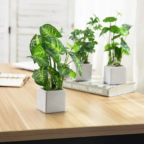 MyGift Modern Trio of Artificial Assorted Green Leaf Plants Potted in Black Ceramic 3-Inch Square Pots, Small Faux Foliage Indoor Tabletop Houseplants, 3 Piece Set in Saudi Arabia