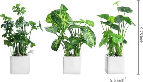 MyGift Modern Trio of Artificial Assorted Green Leaf Plants Potted in Black Ceramic 3-Inch Square Pots, Small Faux Foliage Indoor Tabletop Houseplants, 3 Piece Set in Saudi Arabia