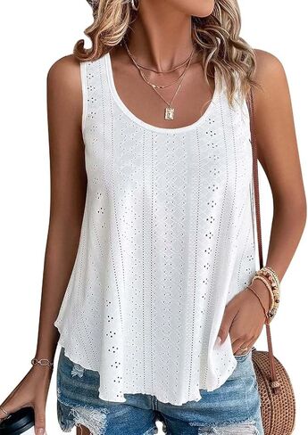 ATHMILE Womens Tank Tops Sleeveless Eyelet Embroidery Scoop Neck Loose Fit Casual Summer Flowy in Kuwait