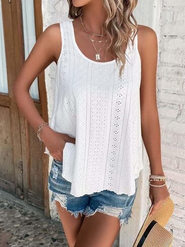 ATHMILE Womens Tank Tops Sleeveless Eyelet Embroidery Scoop Neck Loose Fit Casual Summer Flowy in Kuwait