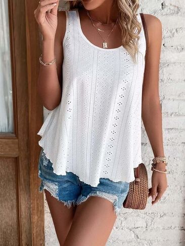 ATHMILE Womens Tank Tops Sleeveless Eyelet Embroidery Scoop Neck Loose Fit Casual Summer Flowy in Kuwait