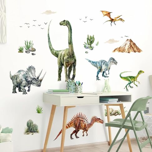 Large Dinosaur Wall Decals for Boys Girls, Dino Volcano Tropical Plants Cactus Wall Stickers for Kids Baby Nursery Toddler Playroom Classroom Wall Decor Gifts for Kids in Kuwait