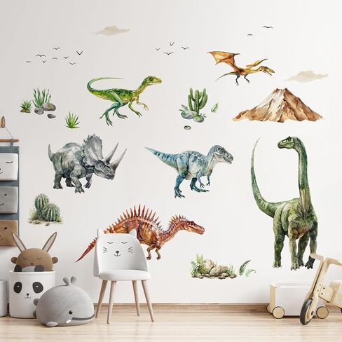 Large Dinosaur Wall Decals for Boys Girls, Dino Volcano Tropical Plants Cactus Wall Stickers for Kids Baby Nursery Toddler Playroom Classroom Wall Decor Gifts for Kids in Kuwait