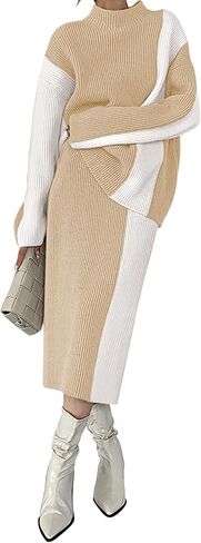 Pink Queen Women's 2 Piece Outfits 2024 Fall Winter Sweater Skirt Set Long Sleeve Oversized Top High Waist Color Block Dress in Saudi Arabia