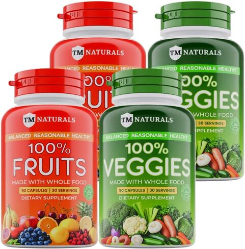 Fruit and Veggies Supplement - Super Greens Men's and Women's Multivitamin -90 Fruit and 90 Vegetables Capsules - Boost High Protein & Energy - 90 Count (Pack of 2) + Travel Size Pill Box in Saudi Arabia