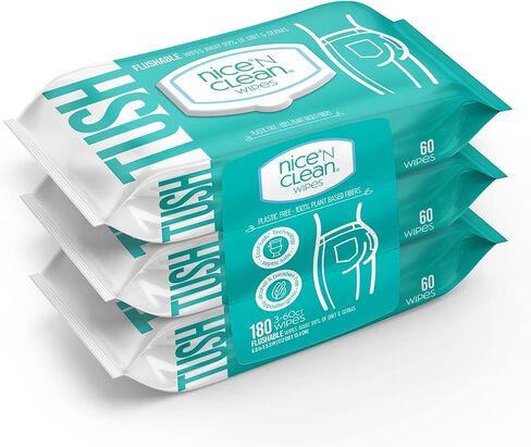 Nice 'N Clean Adult Flushable Wipes (3 x 60 Count) | Personal Cleansing Wipes Made from Plant-Based Fibers | Infused with Aloe & Vitamin E in Kuwait