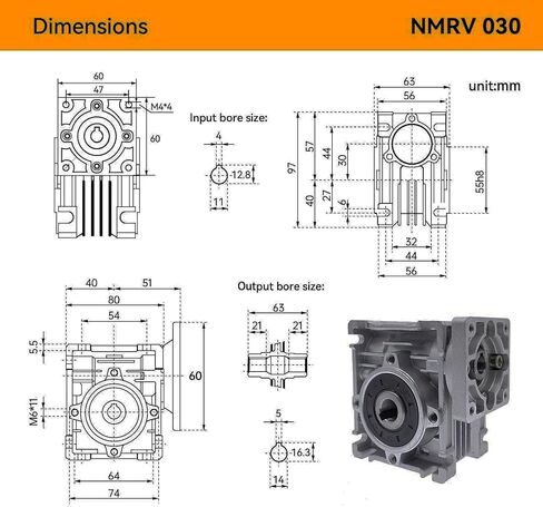 Worm Gear Gearbox,NMRV030 Worm Gear Speed Reducer Square Type for Nema23 Stepper Motor/Servo Motor,RV030 Output Bore/Hole 14mm Shaft (Pitch-Row: 47mm) (25:1) in Saudi Arabia
