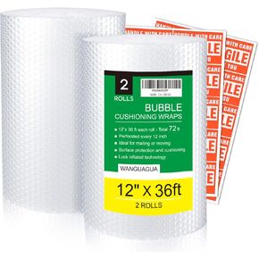 2 Pack 12 Inch x 72 ft Total Bubble Packing Wrap for Moving Boxes Shipping Cushioning Supplies Perforated Every 12"