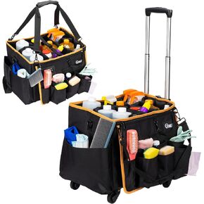 YMU Large Rolling Cleaning Caddy Bag with Detachable Trolley, 4 in 1 Portable Cleaning Cart for Housekeeping with Swivel Caster & Shoulder Strap, Waterproof Cleaning Supplies Organizer