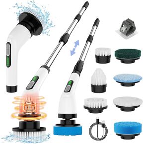 MoKo Electric Spin Scrubber, Cordless Cleaning Brush up to 490 RPM with Power Display, 9 Replaceable Brush Heads,Adjustable Extension Handle, Electric Scrubber for Cleaning Shower,Bathroom, Tub, Tile